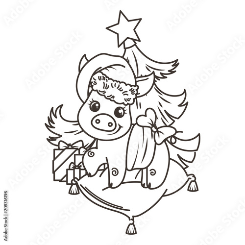 Happy New 2019 Year card with cartoon baby pig. Small symbol of holiday. © Drekhann