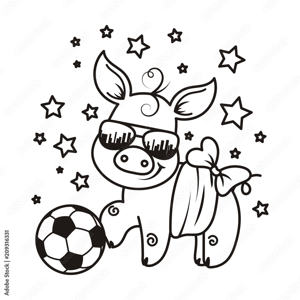 Fototapeta premium Cute cartoon pig with a soccer ball. Vector illustration.