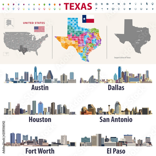Texas's vector high detailed map showing counties formations. Largest cities skylines of Texas