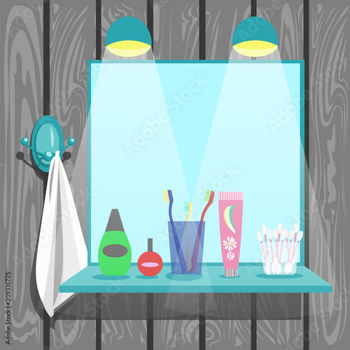 Shelf with mirror in the bathroom
