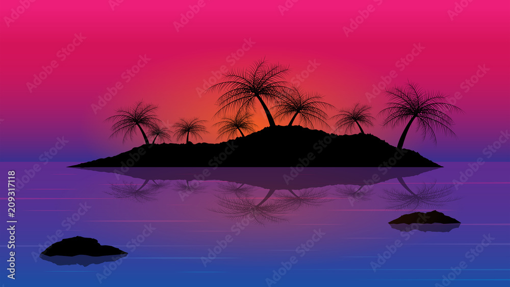 islands with coconut tree in the sea;sunset with islands background;vector design in concept beautiful place in dreaming