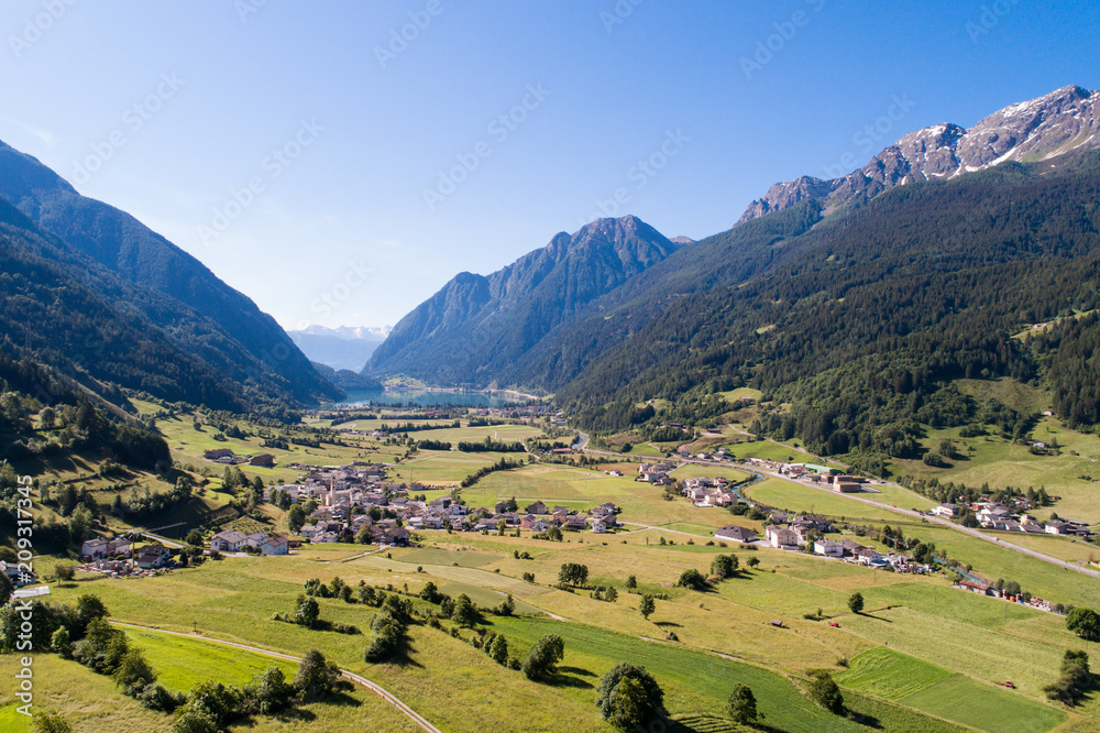 Valposchiavo, lake of Poschiavo and alpine villages. Swiss Alps