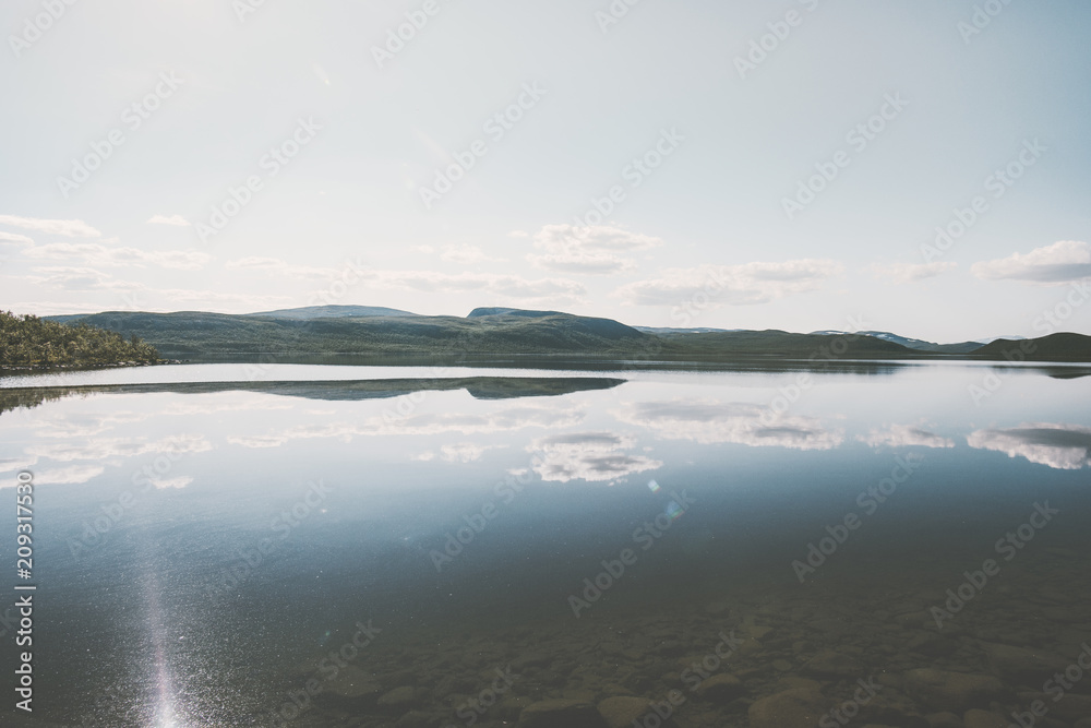 Lake Kilpisjarvi Landscape in Finland with Mountains and clouds mirror reflection Summer Travel scenic minimal view