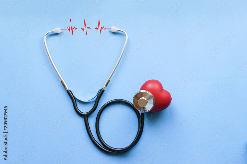 Day of cardiologist, Cardiology, Black stethoscope with red heart and cardiogram on blue background, heart disease, diagnosis of heart disease Day of cardiologist, Cardiology, Black stethoscope with red heart and cardiogram on blue background, heart disease, diagnosis of heart disease