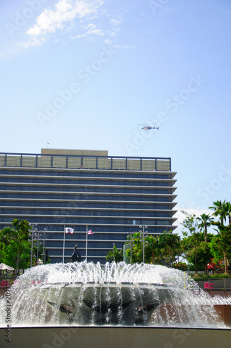 View of the Los Angeles fountain with downtown cityscape