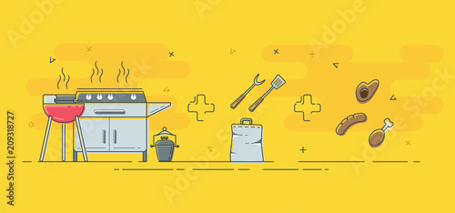 Preparing a barbecue,grill. Next steps in preparing a barbecue: grill, tools and food.