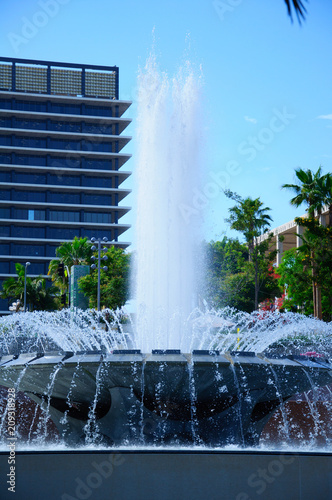 View of the Los Angeles fountain with downtown cityscape