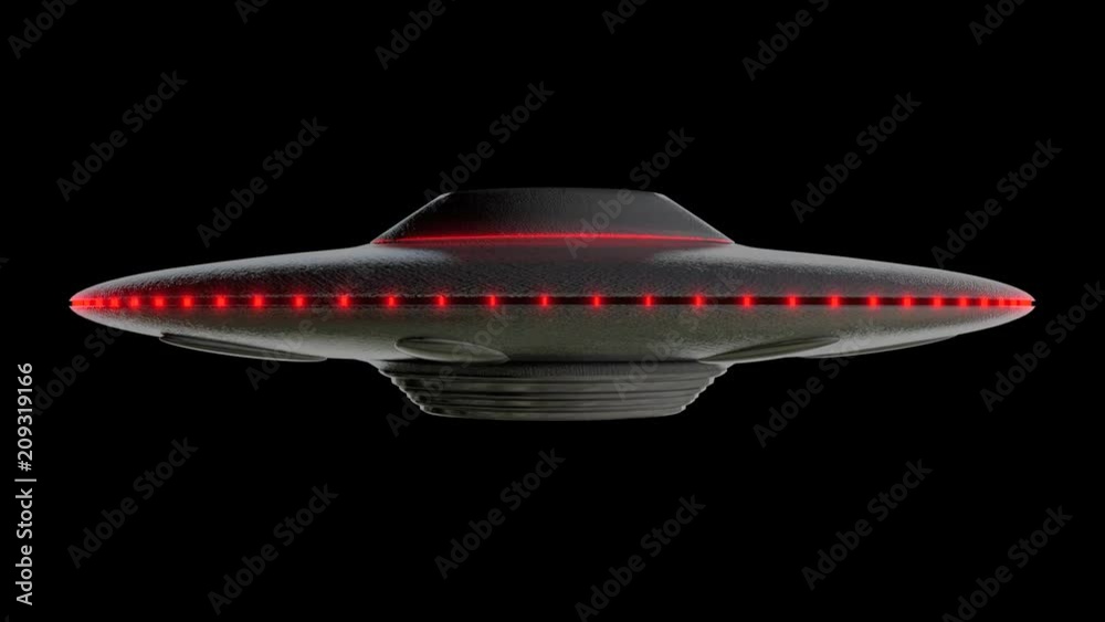 UFO - Flying saucer shape, Red lights around the outside, reflective metal body with realistic shaders, 3D rendered model rotating on an infinite loop over a black background UFO - Flying saucer shape, Red lights around the outside, reflective metal body with realistic shaders, 3D rendered model rotating on an infinite loop over a black background