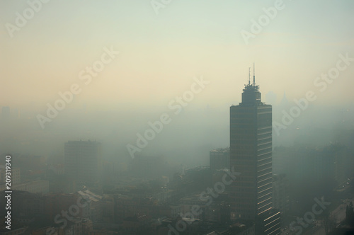 Plakat Aerial foggy view of Milan - pollution issue