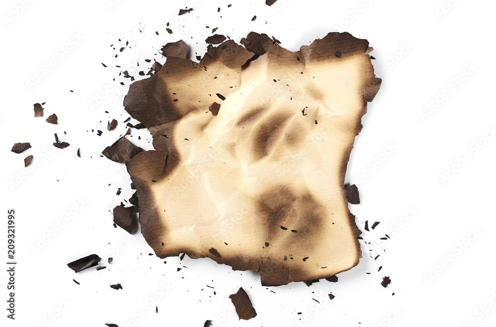 Burned old paper, cardboard isolated on white background, top view Burned old paper, cardboard isolated on white background, top view