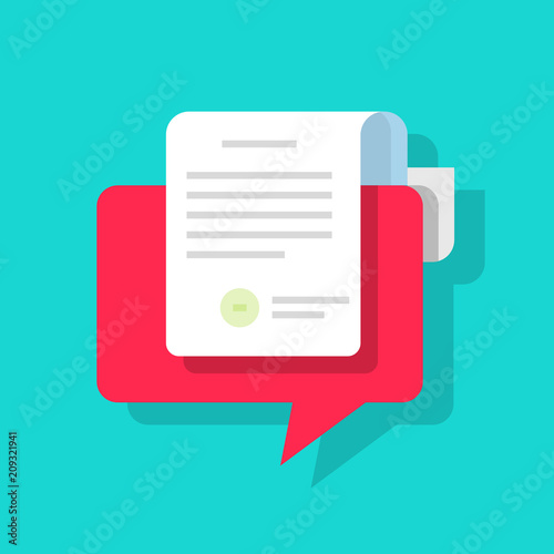 Long paper document confirmed against a background of a speech bubble. Flat vector illustration isolated.