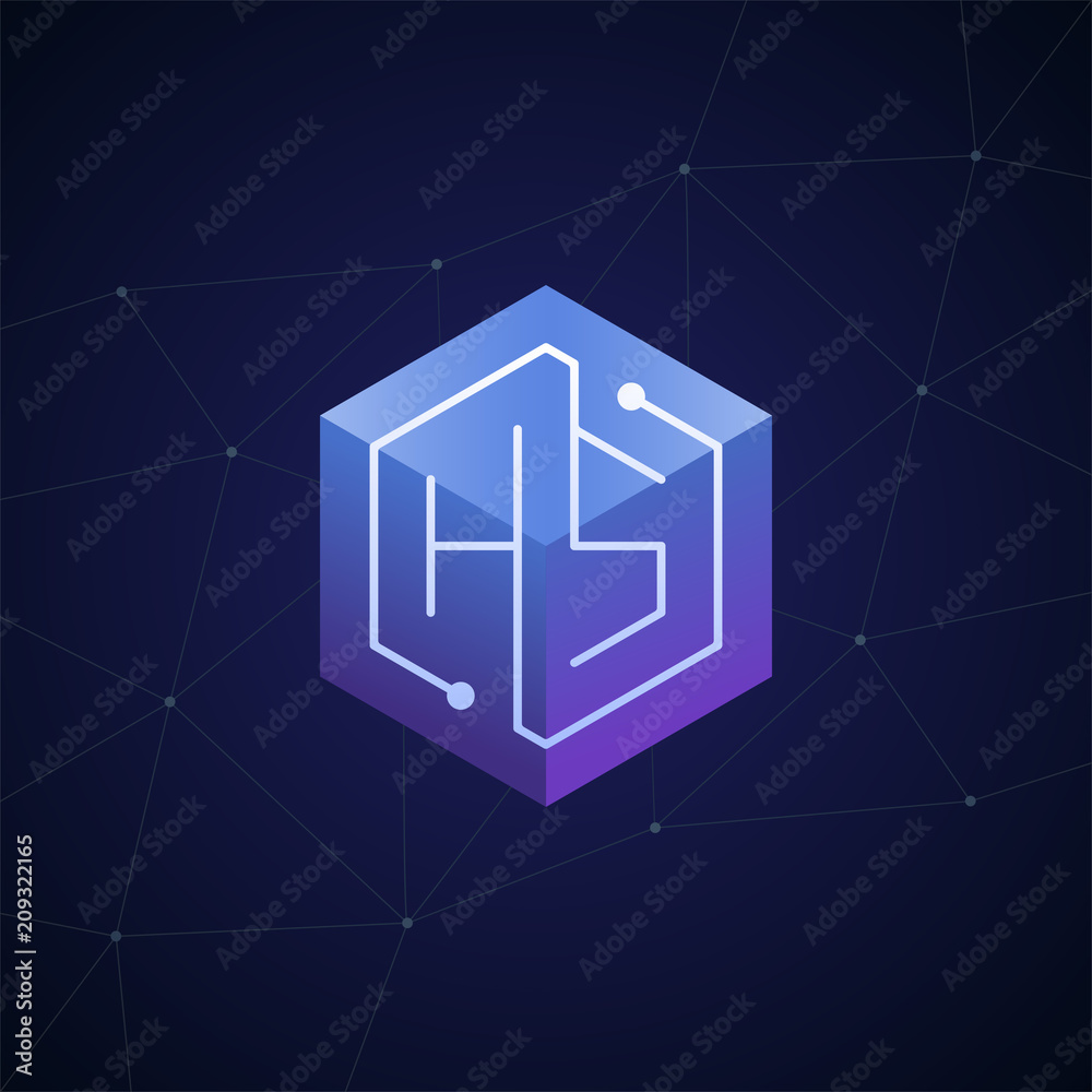 Fototapeta premium Initial letter HS, block chain, looping mono line circuit letter on hexagon cube logo, blue magenta gradient color on black blue network background