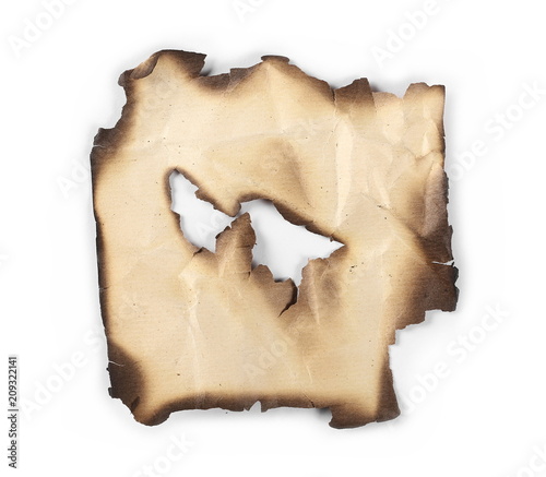 Burned old paper, cardboard isolated on white background, top view
