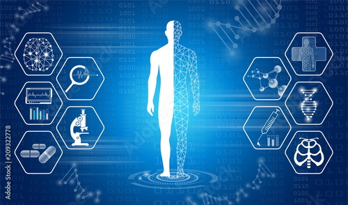 abstract background technology concept in blue light,brain and human body heal ,technology modern medical science in future and global international medical with tests analysis clone DNA human