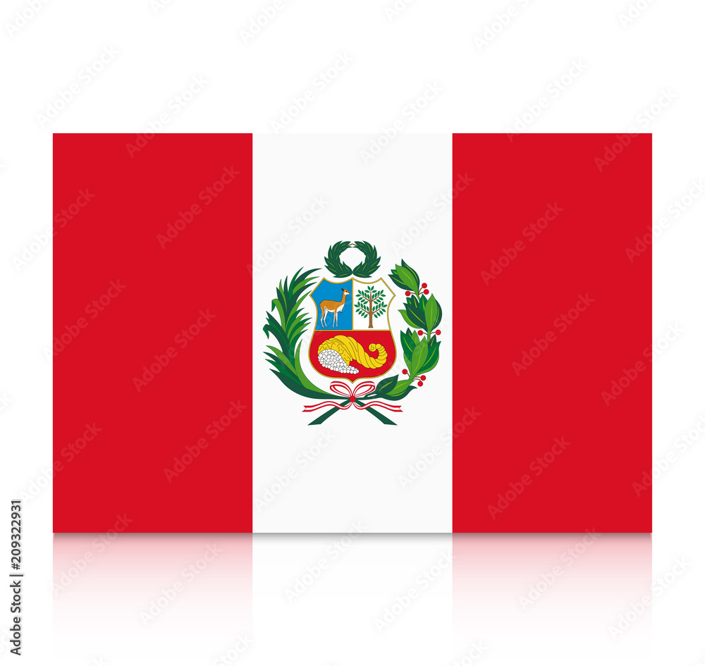 Fototapeta premium Peru flag with coat of arms icon with reflection isolated on white background.