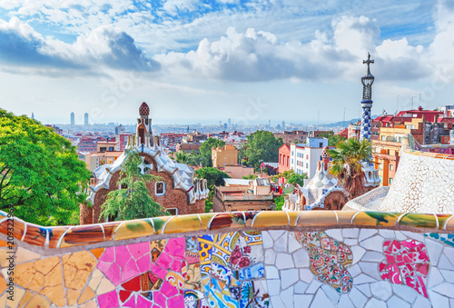 Barcelona, Spain, Park Guell. Fanrastic view of famous bench in Park Guell in Barcelona, famous and extremely popular travel destination in Europe.