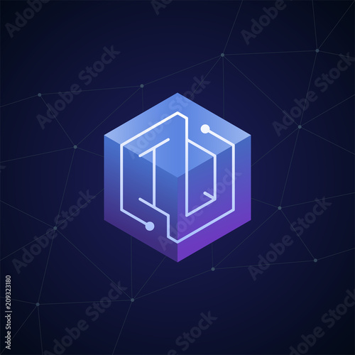 Initial letter IQ, block chain, looping mono line circuit letter on hexagon cube logo, blue magenta gradient color on black blue network background