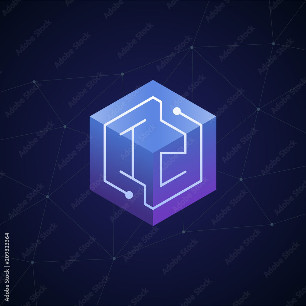 Initial letter IZ, block chain, looping mono line circuit letter on hexagon cube logo, blue magenta gradient color on black blue network background Initial letter IZ, block chain, looping mono line circuit letter on hexagon cube logo, blue magenta gradient color on black blue network background