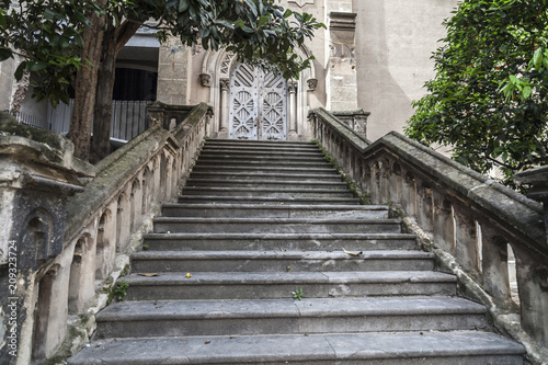 Street view  stone stairs to ancient church in El Raval quarter in historic center of Barcelona.Spain.