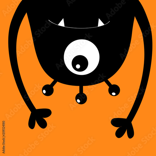 Monster head silhouette. One eye, teeth, fang, hands. Hanging upside down. Black Funny Cute cartoon character. Baby collection. Happy Halloween card. Flat design. Orange background. Isolated.