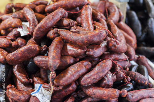 Sausages,chorizos in public market.