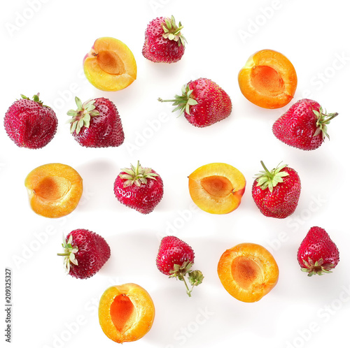 Berries: strawberries, blueberries, apricot, fruits on a white background