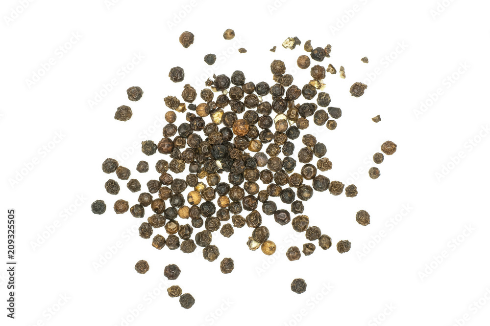 Black pepper grains stack top view isolated on white background. Black pepper grains stack top view isolated on white background.