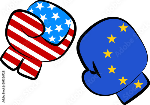 USA Europe trade war confict illustrated by a boxing match with USA and Europe flags in boxing gloves fighting each other, isolated on white