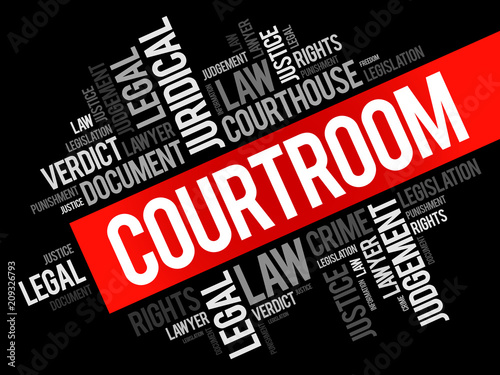 Courtroom word cloud collage, law concept background