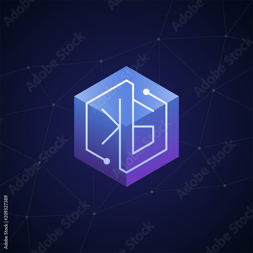 Initial letter KG, block chain, looping mono line circuit letter on hexagon cube logo, blue magenta gradient color on black blue network background
