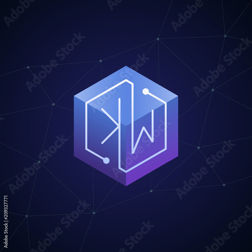 Initial letter KW, block chain, looping mono line circuit letter on hexagon cube logo, blue magenta gradient color on black blue network background