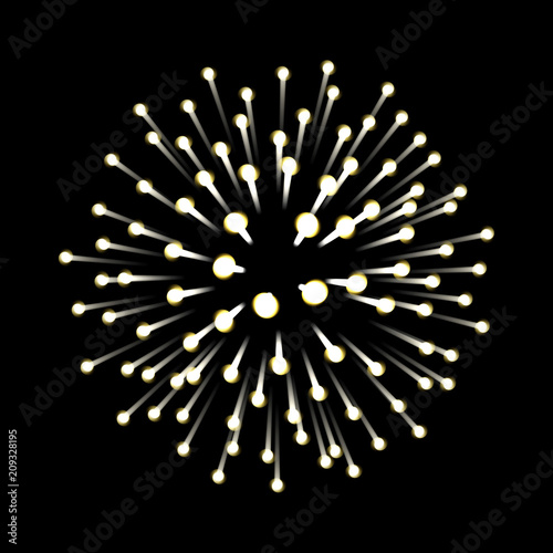 Fireworks. New Year celebration. Festive night decoration, design element. Vector isolated illustration on black background. Independence Day