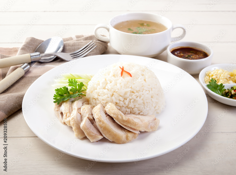 Hainanese chicken rice on the table