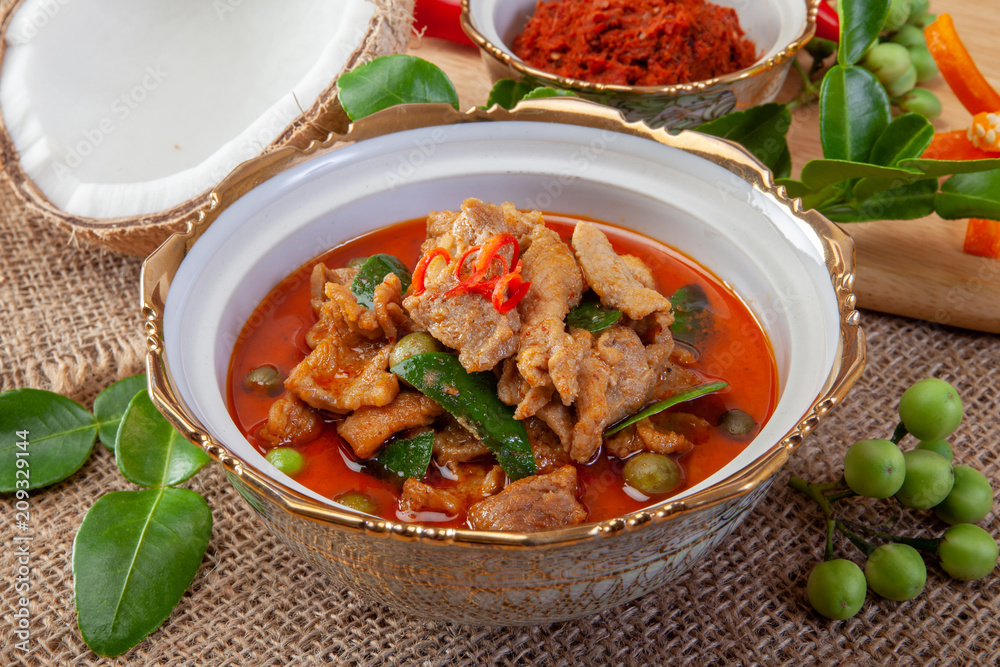 Red curry with pork and rice (Panaeng), Thai food Red curry with pork and rice (Panaeng), Thai food