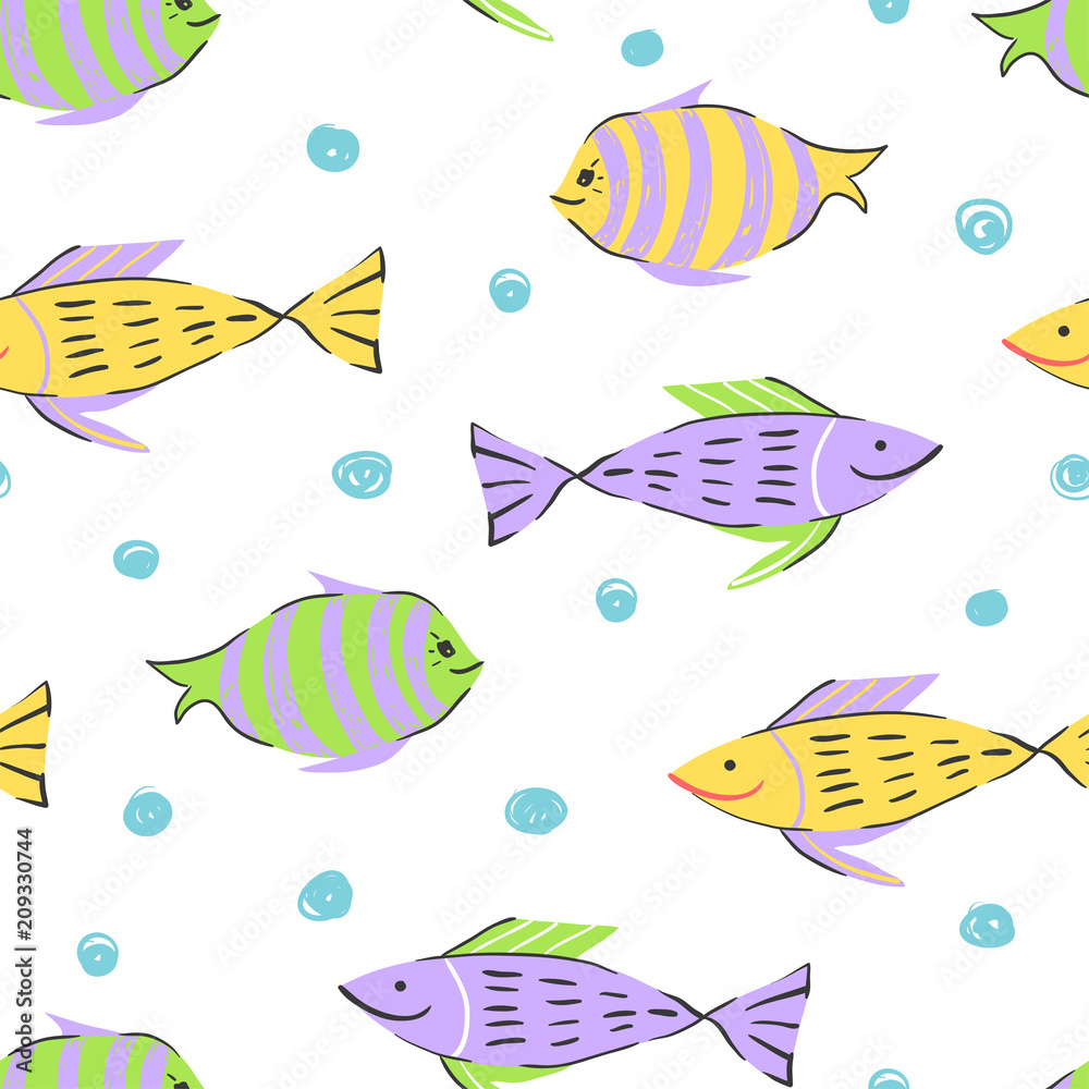 Fish simple sketh drawn by hand seamless pattern in cartoon style. For wallpapers, web background, textile, wrapping, fabric, kids design