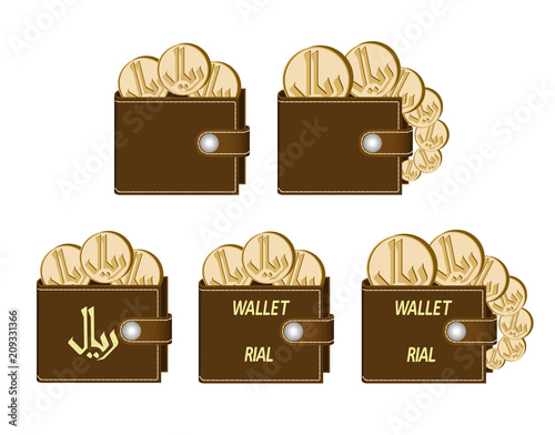 set of brown  wallets with rial coins 