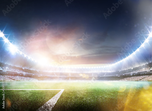 Empty sunset grand soccer arena in the lights 3d render