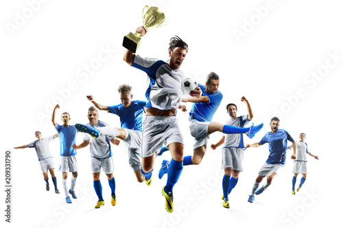 Soccer players selebrates the victory on white background
