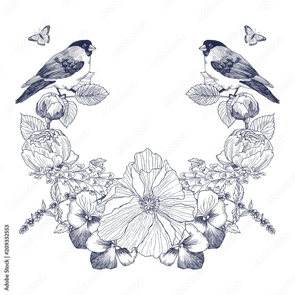 Vintage Victorian frame border monogram floral ornament. Engraved retro flower, birds and butterfly decorative design. Beautiful botanical decorative element for wedding invitation, logo. Vector
