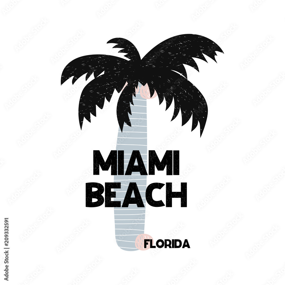 Card with lettering Miami beach Florida in Scandinavian style. Vector illustration