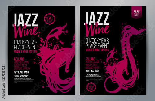 Brochure design template with hand drawing saxophone and wine stains. Music and wine concept.