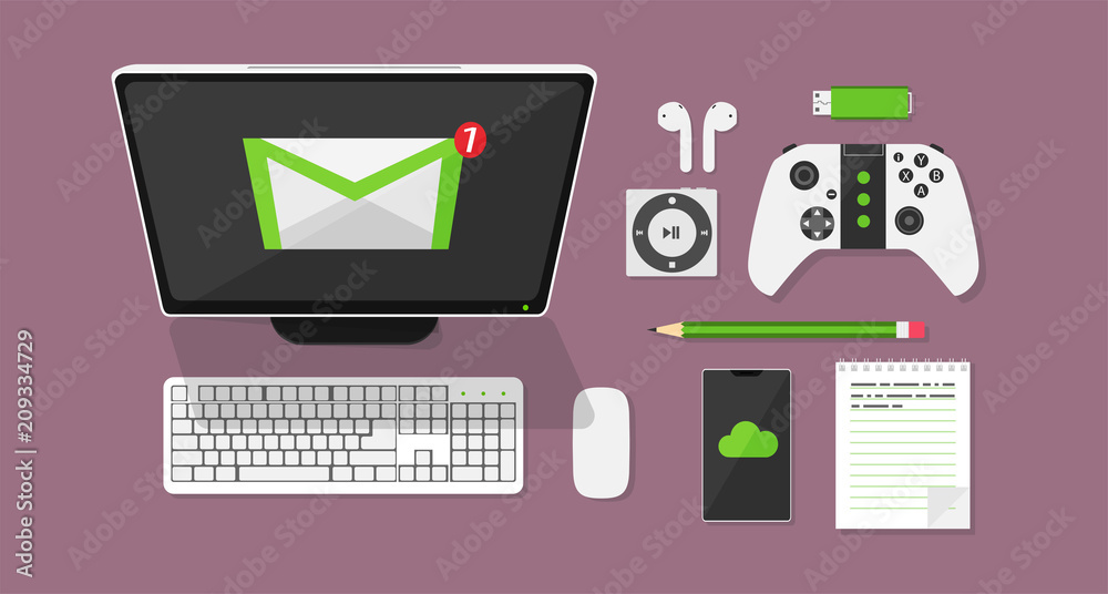 modern computer and device set. modern computer and device set.