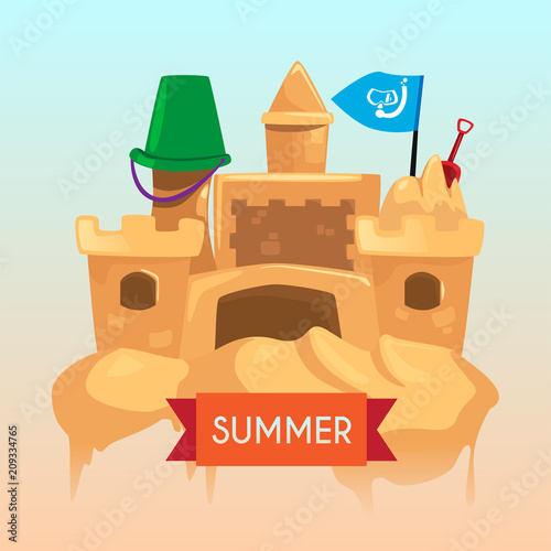 summer illustration with sand castle 