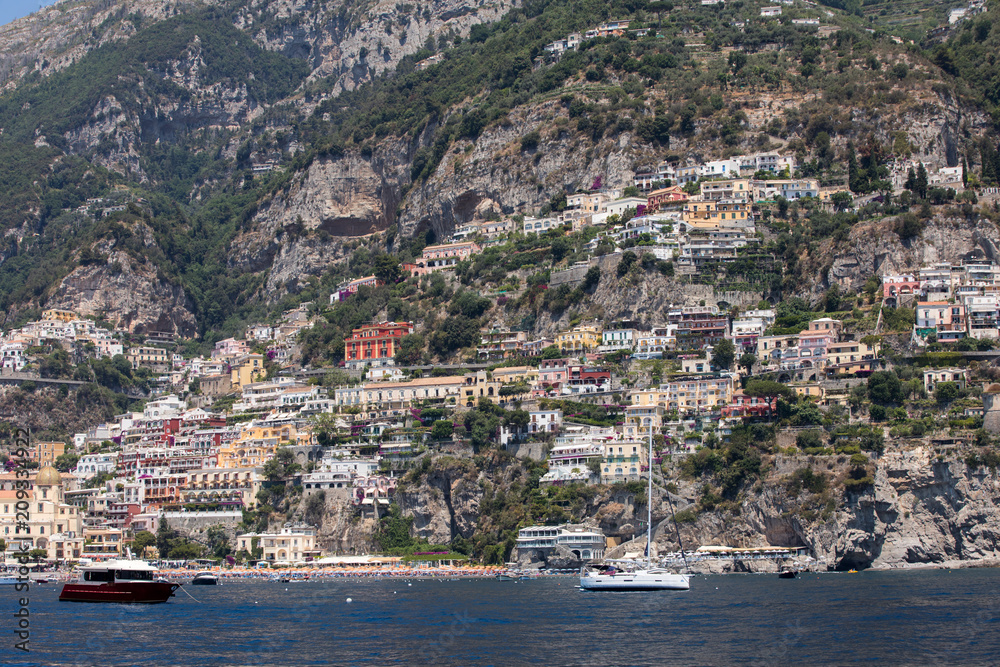  Panorama of Positano with houses climbing up the hill, Campania, Italy