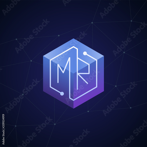 Initial letter MR, block chain, looping mono line circuit letter on hexagon cube logo, blue magenta gradient color on black blue network background