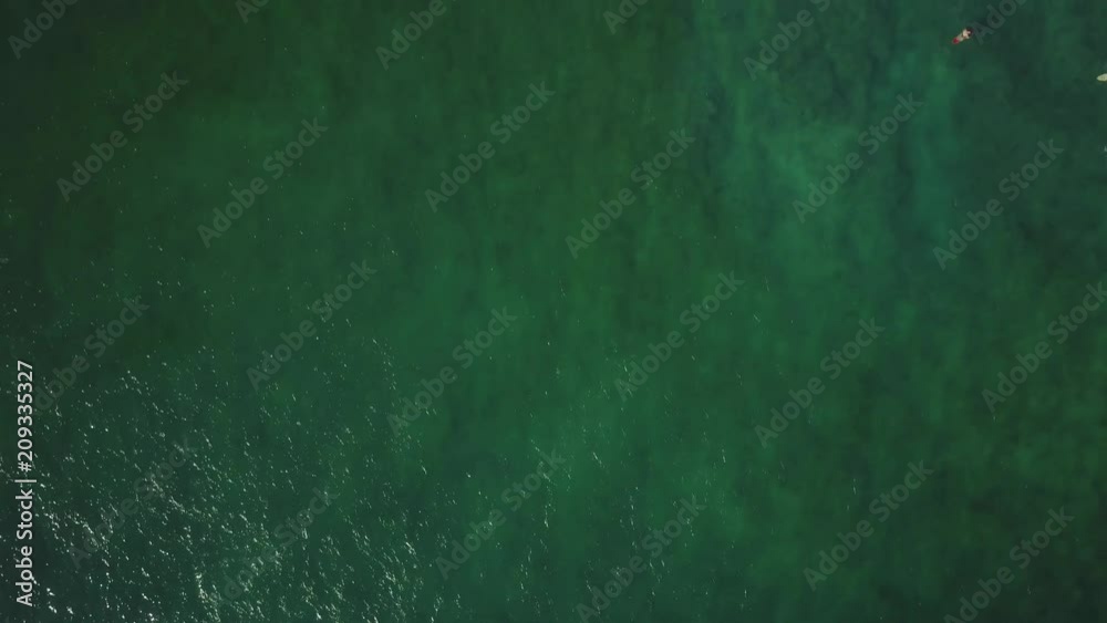 Top-down aerial view of surfers in the water. Top-down aerial view of surfers in the water.