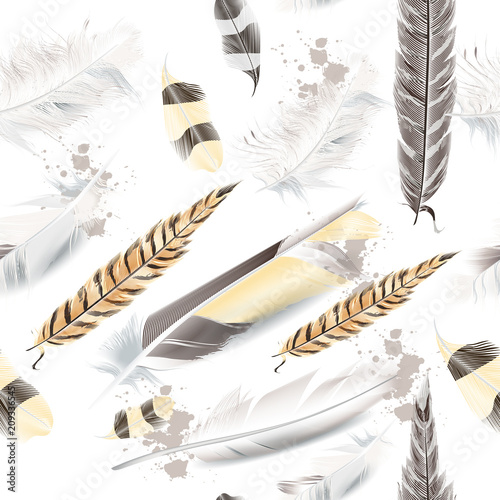 Vector pattern with white and beige feathers