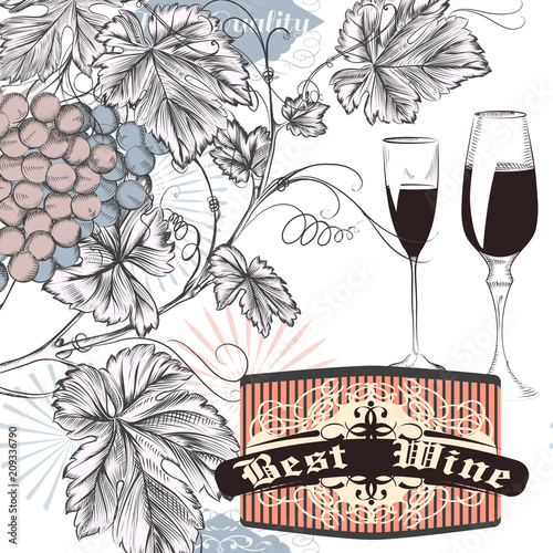 Vintage vine poster with grapes and glasses