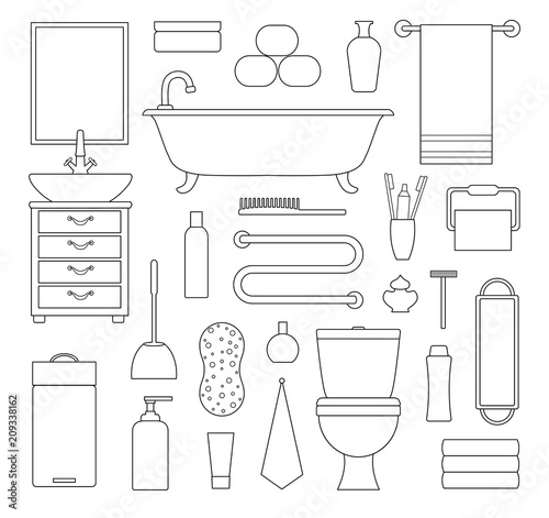 Bathroom icons in outline style. Vector linear toiletries and equipment.