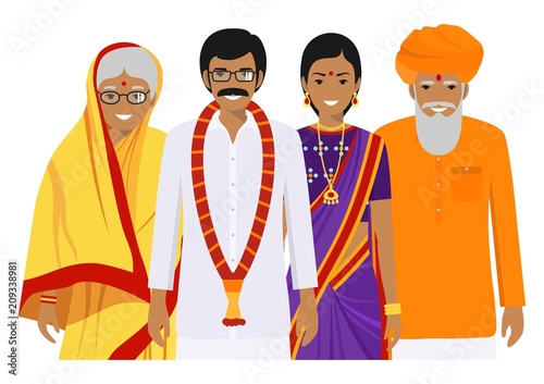Family and social concept. Indian person generations at different ages. Set of adult people in traditional national clothes: father, mother, grandmother, grandfather standing together. Vector